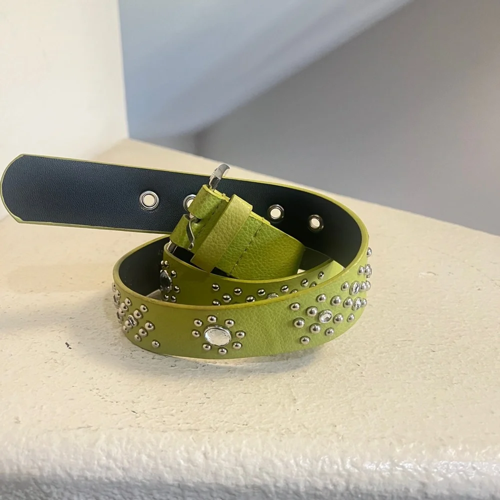 Lime Green Crystals Studded Blings Leather Belt Western‎ Boho Festive Medium